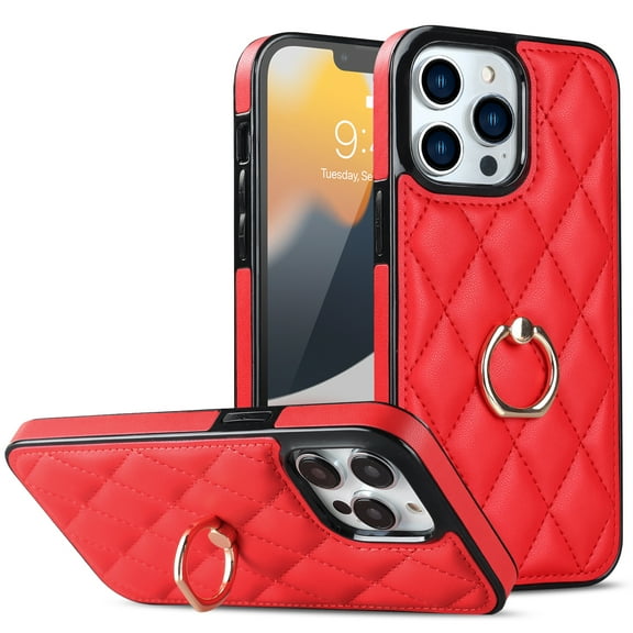 Allytech iPhone 13 Pro Max Case with Finger Ring, 360° Rotatable Ring Holder Kickstand Luxury PU Leather Non-Slip Shockproof Business Women Men Phone Covers for Apple iPhone 13 Pro Max 6.7", Red