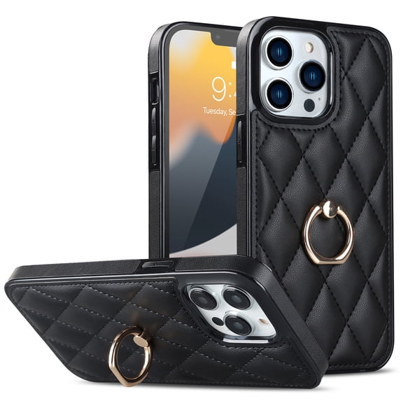 Allytech iPhone 13 Pro Max Case with Finger Ring, 360° Rotatable Ring Holder Kickstand Luxury PU Leather Non-Slip Shockproof Business Women Men Phone Covers for Apple iPhone 13 Pro Max 6.7", Black