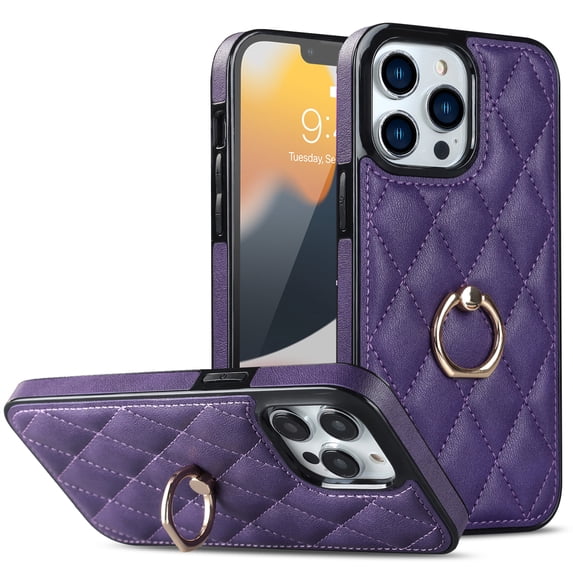 Allytech iPhone 13 Pro Max Case with Finger Ring, 360° Rotatable Ring Holder Kickstand Luxury PU Leather Non-Slip Shockproof Business Women Men Phone Covers for Apple iPhone 13 Pro Max 6.7", Purple