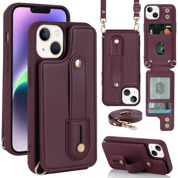 Allytech iPhone 13 Pro Max Case, With Long Shoulder Strap Hand Strap Stand Cards Holder Shockproof Protective Wallet Case Cover for Apple iPhone 13 Pro Max 6.7" - Winered