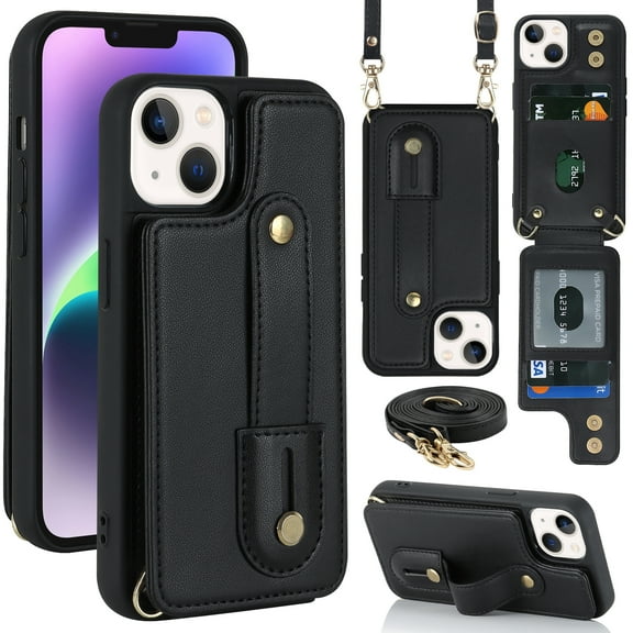 Allytech iPhone 13 Pro Max Case, With Long Shoulder Strap Hand Strap Stand Cards Holder Shockproof Protective Wallet Case Cover for Apple iPhone 13 Pro Max 6.7" - Black