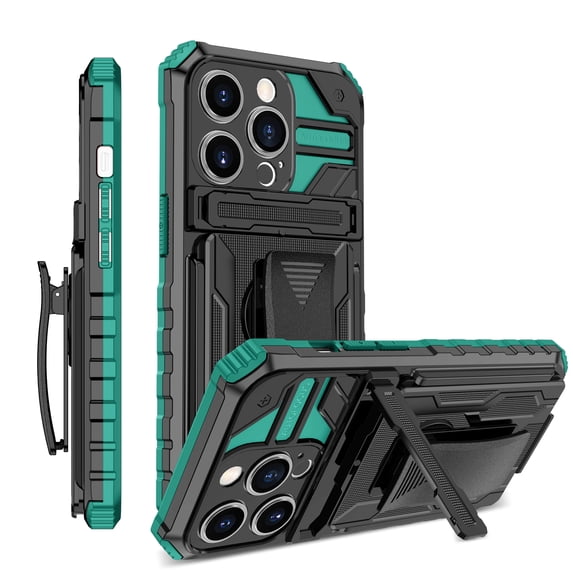 Allytech iPhone 13 Pro Max Rugged Case,Hard PC+Soft TPU With Shockproof Kickstand Dorsal Clip Case for iPhone 13 Pro Max 6.7 inch, Darkgreen