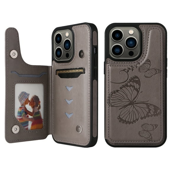 Allytech iPhone 13 Pro Max Wallet Case with Card Holder, PU Leather Butterfly Embossed Kickstand Magnetic Closure Shockproof Protection Case Cover for Apple iPhone 13 Pro Max 6.7",Gray