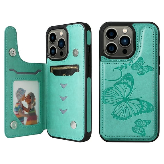 Allytech iPhone 13 Pro Max Wallet Case with Card Holder, PU Leather Butterfly Embossed Kickstand Magnetic Closure Shockproof Protection Case Cover for Apple iPhone 13 Pro Max 6.7",Green