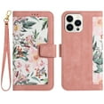 thumbnail image 1 of Allytech iPhone 13 Pro Max Wallet Case, Chic Flower Pattern PU Leather Shoulder Strap Hand Wrist Cards Holder Stand Flip Folio Cover for Girls Women Phone Case for Apple iPhone 13 Pro Max - Pink, 1 of 14
