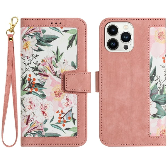 Allytech iPhone 13 Pro Max Wallet Case, Chic Flower Pattern PU Leather Shoulder Strap Hand Wrist Cards Holder Stand Flip Folio Cover for Girls Women Phone Case for Apple iPhone 13 Pro Max - Pink