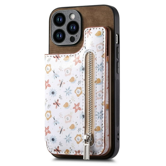Allytech iPhone 13 Pro Max Wallet Case with Zipper Pocket & Cards Holder, Floral Pattern PU Leather Back Cover for Girls Women Shockproof Stand Magnetic Phone Case for Apple iPhone 13 Pro Max - Brown