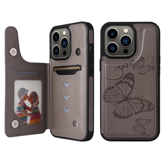 Allytech iPhone 13 Pro Wallet Case with Card Holder, PU Leather Butterfly Embossed Kickstand Magnetic Closure Shockproof Protection Case Cover for Apple iPhone 13 Pro 6.1",Gray