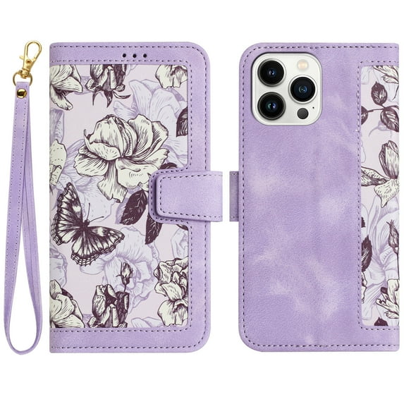 Allytech iPhone 13 Pro Wallet Case, Chic Flower Pattern PU Leather Shoulder Strap Hand Wrist Cards Holder Stand Protective Flip Folio Cover for Girls Women Phone Case for Apple iPhone 13 Pro - Purple