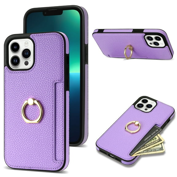 Allytech iPhone 13 Pro Wallet Case, iPhone 13 Pro Cover, With Ring Holder Stand Premium PU Leather Cards Holder Shockproof Anti-Scratch Protective Phone Case for Apple iPhone 13 Pro - Purple