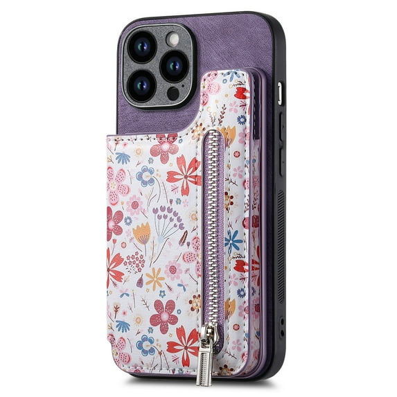 Allytech iPhone 13 Pro Wallet Case with Zipper Pocket & Cards Holder, Floral Pattern PU Leather Back Cover for Girls Women Shockproof Stand Magnetic Phone Case for Apple iPhone 13 Pro - Purple