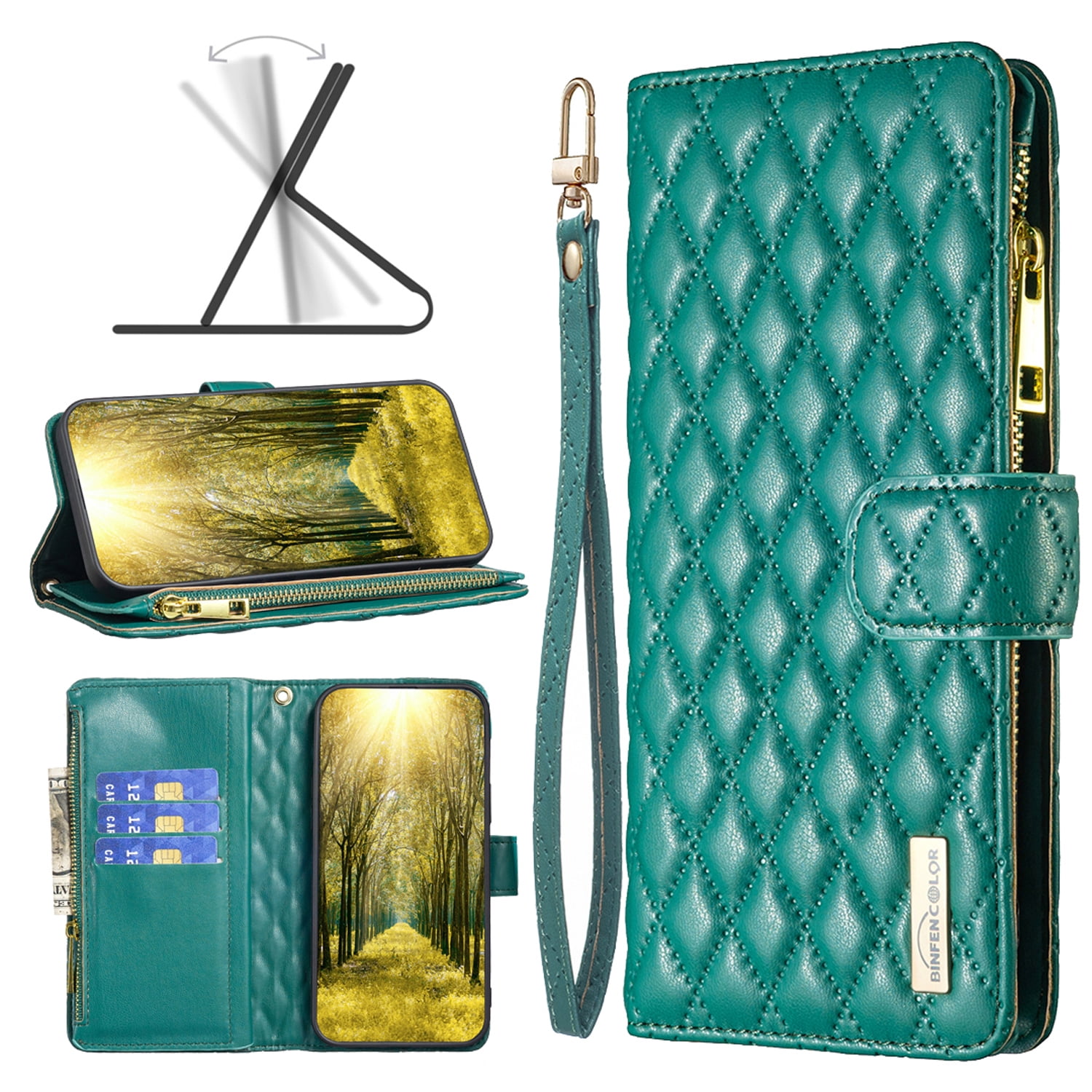 Allytech iPhone 13 Wallet Case, PU Leather Flip Folio Stand Shockproof Zipper Wallet Cards Holders Detachable Hand Wrist Phone Case Cover for Apple iPhone 13 6.1-Inch - Green