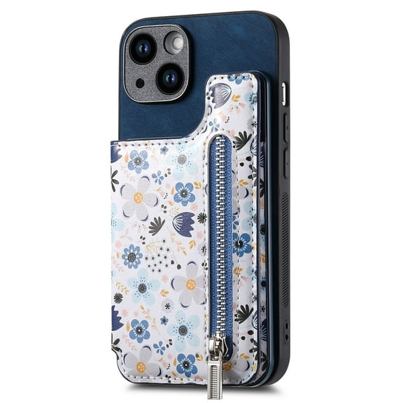 Allytech iPhone 13 Wallet Case with Zipper Pocket & Cards Holder, Floral Pattern PU Leather Back Cover for Girls Women Shockproof Stand Magnetic Phone Case for Apple iPhone 13 - Blue