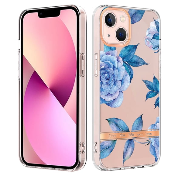 Allytech iPhone 13 mini Case Clear, Flower Series Flexible TPU Silicone Clear Back Cover Shockproof Drop Protection Anti-yellow Scratch Resistant Case Cover for Apple iPhone 13 mini, Blue Flower