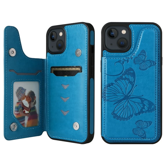 Allytech iPhone 13 mini Wallet Case with Card Holder, PU Leather Butterfly Embossed Kickstand Magnetic Closure Shockproof Protection Case Cover for Apple iPhone 13 mini 5.4",Blue