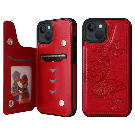 Allytech iPhone 13 mini Wallet Case with Card Holder, PU Leather Butterfly Embossed Kickstand Magnetic Closure Shockproof Protection Case Cover for Apple iPhone 13 mini 5.4",Red