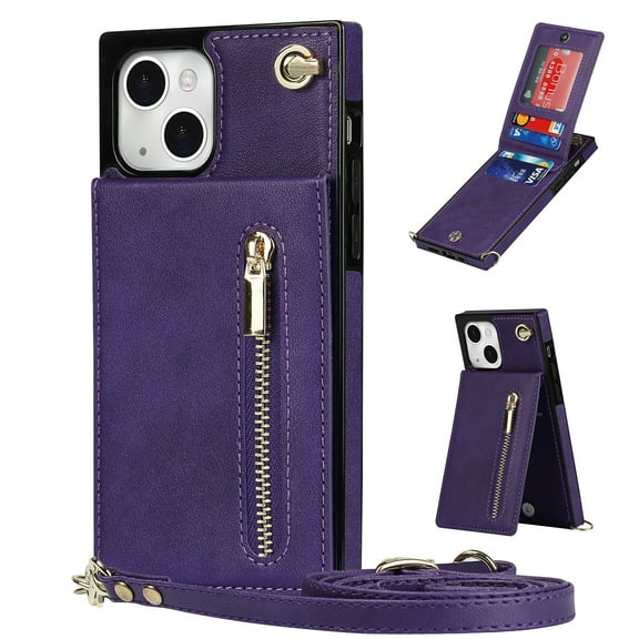 Allytech for iPhone 14 2022 Case with Crossbody Strap, PU Leather Stand Wallet Purse Case with Credit Card Slots Zipper Pocket Detachable Shoulder Strap Case for iPhone 14 6.1", Purple