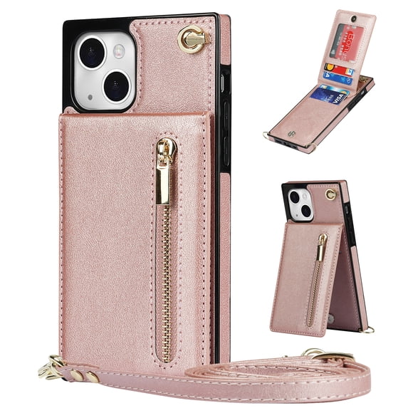 Allytech for iPhone 14 2022 Case with Crossbody Strap, PU Leather Stand Wallet Purse Case with Credit Card Slots Zipper Pocket Detachable Shoulder Strap Case for iPhone 14 6.1", Rosegold