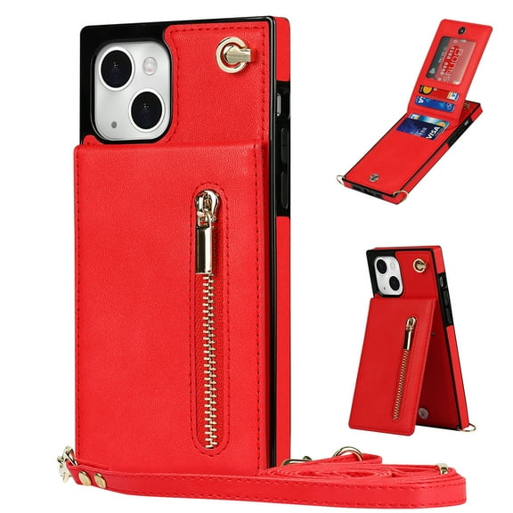 Allytech for iPhone 14 2022 Case with Crossbody Strap, PU Leather Stand Wallet Purse Case with Credit Card Slots Zipper Pocket Detachable Shoulder Strap Case for iPhone 14 6.1", Red