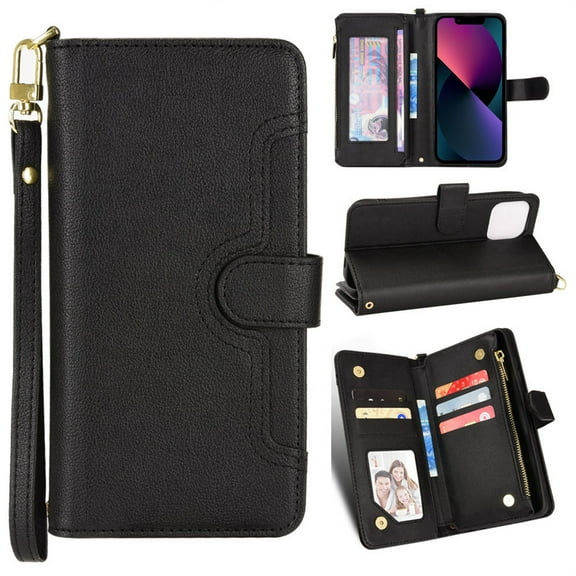 Allytech iPhone 14 6.1" Zipper Wallet Case with 6 Card Slots, [Wrist Strap] [Shoulder Lanyard] Premium PU Leather Flip Stand Protective Case for Apple iPhone 14 5G 2022, Black