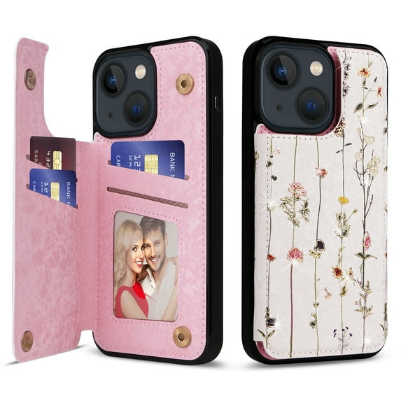 Allytech iPhone 14 Case with Card Holder, Stylish Flower with Glitter Bling Rhinestone Stand Shockproof Slim Fit Bumper Wallet Case for Apple iPhone 14 - Floral