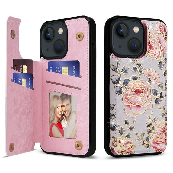 Allytech iPhone 14 Case with Card Holder, Stylish Flower with Glitter Bling Rhinestone Stand Shockproof Slim Fit Bumper Wallet Case for Apple iPhone 14 - Flower