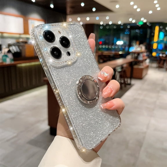 Allytech iPhone 14 Case for Girls Women, with Ring Holder Stand Glitter Bling Rhinestone Design Clear Back Shell Slim Fit Shockproof Case Cover for Apple iPhone 14 6.1" - Clear