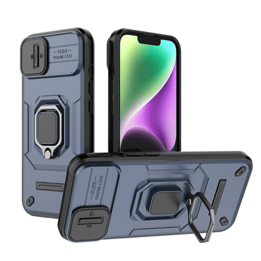 Allytech iPhone 14 Case with Sliding Camera Lens Protector, Rugged Hybrid PC TPU Back Cover with Ring Holder Stand Military Grade Protection Phone Case for Apple iPhone 14 - Blue