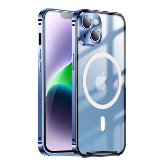 Allytech for iPhone 14 Plus 6.7 inch Magnetic Clear Case,Luxury Metal Camera Lens Protective Magsafe Shockproof Hybrid Rugged Ultra Slim Fit Glossy Back Phone Cover.For iPhone 14 Plus,Blue