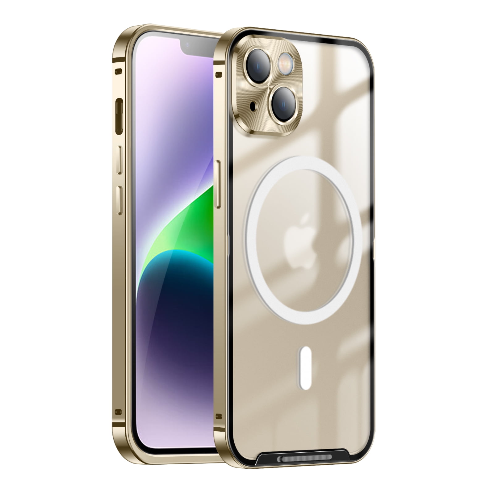 Allytech for iPhone 14 Plus 6.7 inch Magnetic Clear Case,Luxury Metal Camera Lens Protective Magsafe Shockproof Hybrid Rugged Ultra Slim Fit Glossy Back Phone Cover.For iPhone 14 Plus,Gold