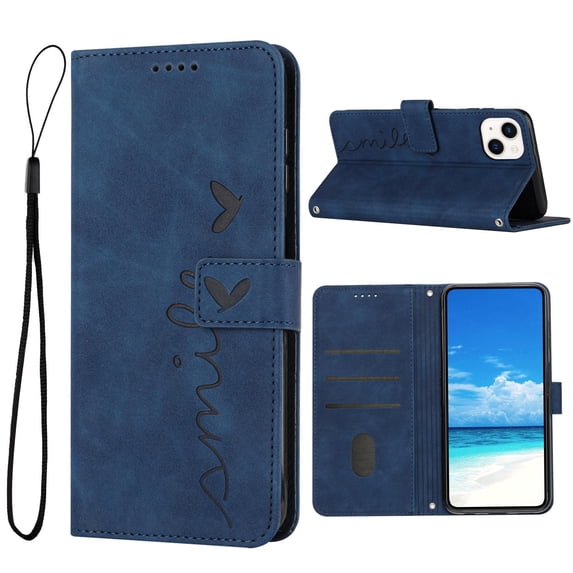 Allytech For iPhone 14 Plus 6.7 inch Wallet Case,Luxury Cute Love Heart Embossed Shockproof PU Leather Magnetic Closure Flip Card Slots Kickstand Cover with Detachable Wrist Strap.Blue