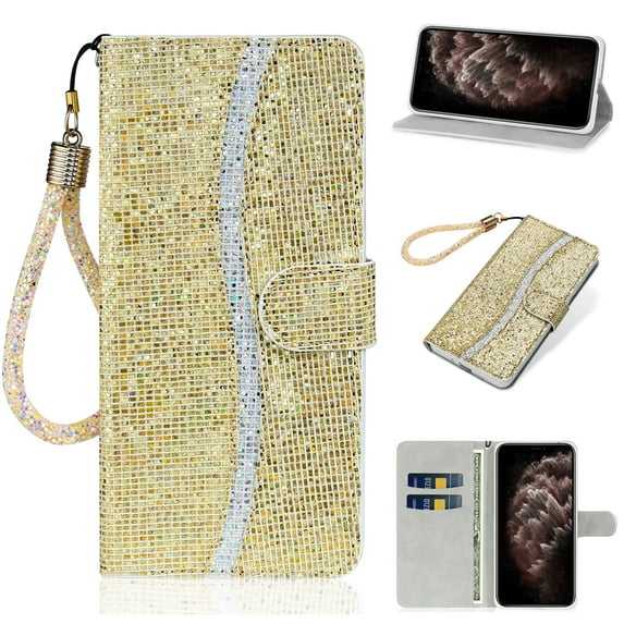Allytech for iPhone 14 Plus Case (6.7 inch) 2022, Luxury Bling Glitter Sparkly PU Leather Shockproof TPU Anti-Scratch Flip Card Slots Wallet Stand Case with Hand Strap, Gold