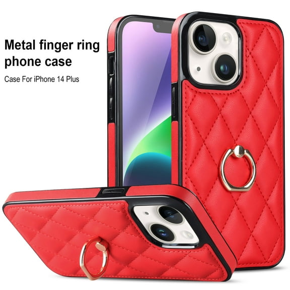 Allytech iPhone 14 Plus Case with Finger Ring, 360° Rotatable Ring Holder Kickstand Luxury PU Leather Non-Slip Shockproof Business Women Men Phone Cases Covers for Apple iPhone 14 Plus 6.7", Red