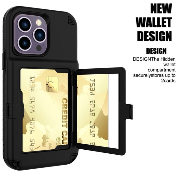 Allytech for iPhone 14 Plus Case - Shockproof Wallet Case with Credit Card Holder & Hidden Mirror, All-Round Protection Shockproof Phone Cover Designed for iPhone 14 Plus, Black