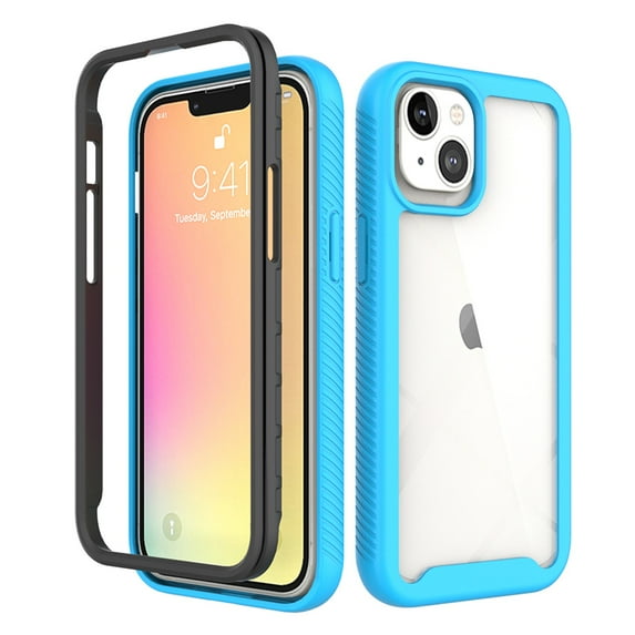 Allytech for iPhone 14 Plus Case with Tempered Glass Screen Protector, Slim Fit Two Layer Drop Protection Shockproof Clear Hard Back Case for Apple iPhone 14 Plus 6.7" 2022, Lightblue