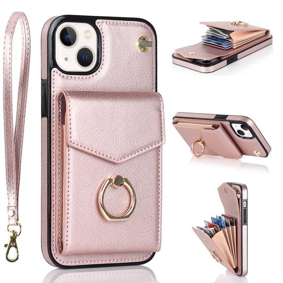 Allytech for iPhone 14 Plus Case Wallet with Card Holder, 360°Rotation Finger Ring Holder Kickstand RFID Blocking PU Leather Protective Case with Hand Strap Case for iPhone 14 Plus 6.7" 2022,Rosegold