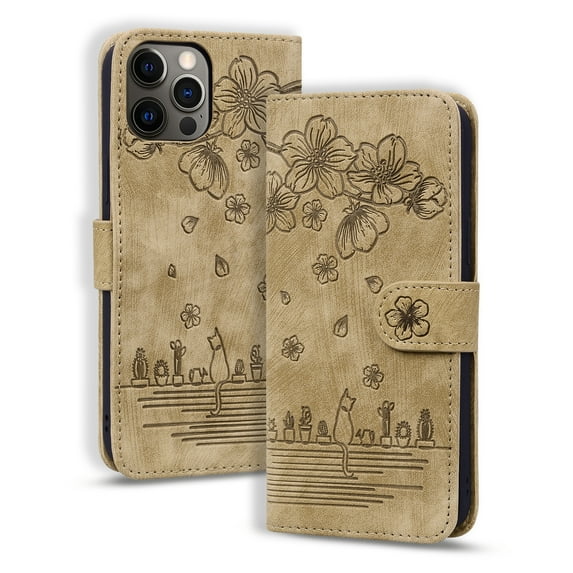 Allytech For iPhone 14 Plus PU Leather Wallet Case,Luxury Cute Comic Sakura Cat Embossed Pattern Magnetic Closure Flip Card Slots Stand Shockproof Cover with Wrist Strap.For iPhone 14 Plus,Brown