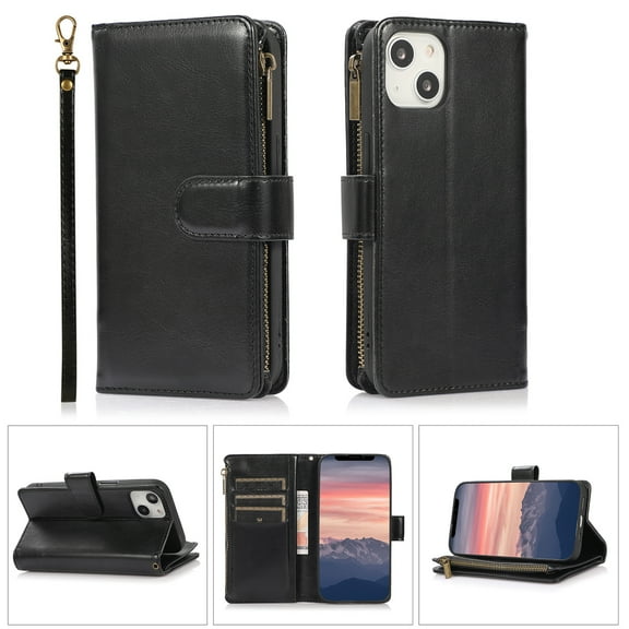 Allytech iPhone 14 Plus Wallet Case, 9 Cards Holder Zipper Wallet Case for Women Men Shockproof Hand Strap Full Protective Flip Stand Case Cover for  Apple iPhone 14 Plus 6.7" - Black