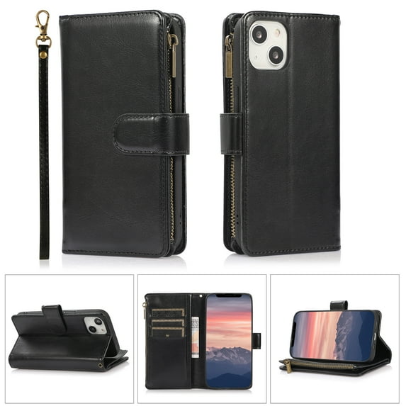 Allytech iPhone 14 Plus Wallet Case, 9 Cards Holder Zipper Wallet Case for Women Men Shockproof Hand Strap Full Protective Flip Stand Case Cover for Apple iPhone 14 Plus 6.7" - Black