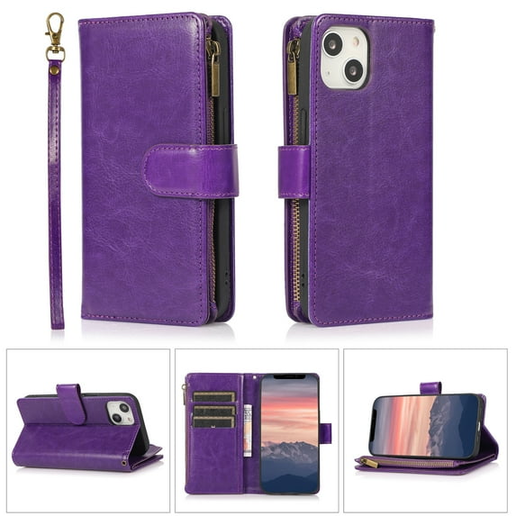 Allytech iPhone 14 Plus Wallet Case, 9 Cards Holder Zipper Wallet Case for Women Men Shockproof Hand Strap Full Protective Flip Stand Case Cover for Apple iPhone 14 Plus 6.7" - Purple