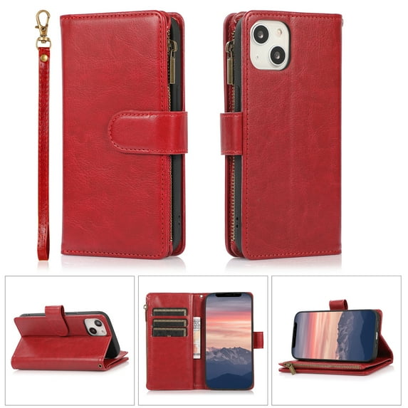 Allytech iPhone 14 Plus Wallet Case, 9 Cards Holder Zipper Wallet Case for Women Men Shockproof Hand Strap Full Protective Flip Stand Case Cover for Apple iPhone 14 Plus 6.7" - Red