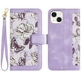 thumbnail image 1 of Allytech iPhone 14 Plus Wallet Case,Chic Flower Pattern PU Leather Shoulder Strap Hand Wrist Cards Holder Stand Protective Flip Folio Cover for Girls Women Phone Case for Apple iPhone 14 Plus - Purple, 1 of 14