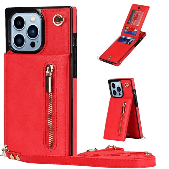 Allytech for iPhone 14 Pro 2022 Case with Crossbody Strap, PU Leather Stand Wallet Purse Case with Credit Card Slots Zipper Pocket Detachable Shoulder Strap Case for iPhone 14 Pro 6.1", Red