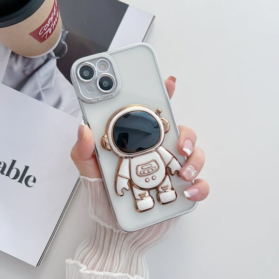 Allytech for iPhone 14 Pro 6.1 inch Folding Kickstand Case,Luxury Cute Cartoon 6D Plating Astronaut Hidden Stand Soft TPU Shockproof Bumper Slim Clear Back Cover.For iPhone 14 Pro,White