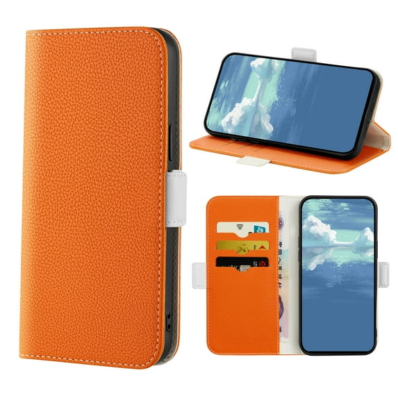 Allytech For iPhone 14 Pro 6.1 inch Wallet Case,Stylish Candy Color Lychee Pattern PU Leather Flip Card Slots Stand Shockproof Soft TPU Magnetic Full Body Protection Cover.For iPhone 14 Pro,Orange