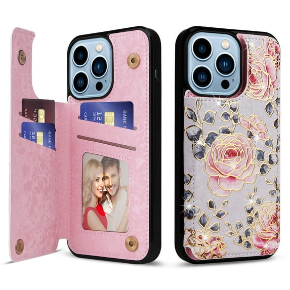 Allytech iPhone 14 Pro Case with Card Holder, Stylish Flower with Glitter Bling Rhinestone Stand Shockproof Slim Fit Bumper Wallet Case for Apple iPhone 14 Pro - Flower