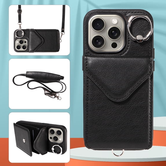 Allytech iPhone 14 Pro Case with Ring Holder & Shoulder Strap, Retro PU Leather Cards Slots Kickstand Detachable Lanyard Shockproof Wallet Case Cover for Apple iPhone 14 Pro - Black