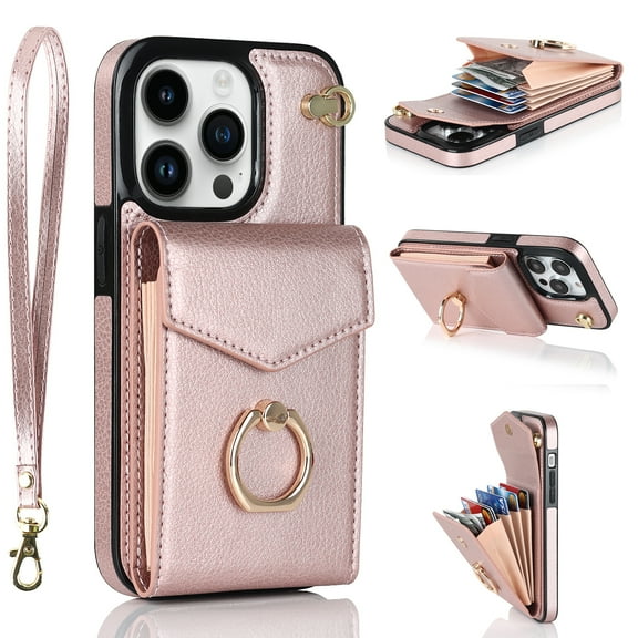 Allytech for iPhone 14 Pro Case Wallet with Card Holder, 360°Rotation Finger Ring Holder Kickstand RFID Blocking PU Leather Protective Case with Hand Strap Case for iPhone 14 Pro 6.1" 2022, Rosegold