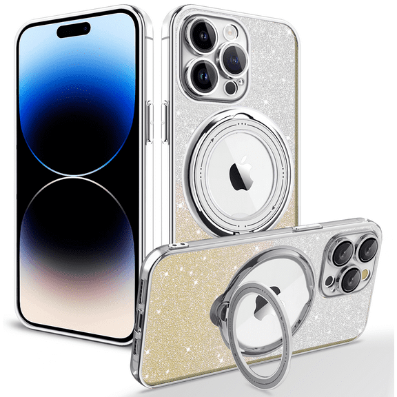 Allytech iPhone 14 Pro Clear Case with Glitter Bling Paper, Magnetic Case Compatible with All Magsafe Accessories Anti-Yellow Kickstand Shockproof Phone Case for Apple iPhone 14 Pro - Silver