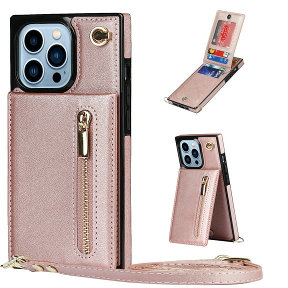 Allytech for iPhone 14 Pro Max 2022 Case with Detachable Crossbody Strap, PU Leather Stand Wallet Purse Case with Credit Card Slots Zipper Pocket Case for iPhone 14 Pro Max 6.7", Rosegold